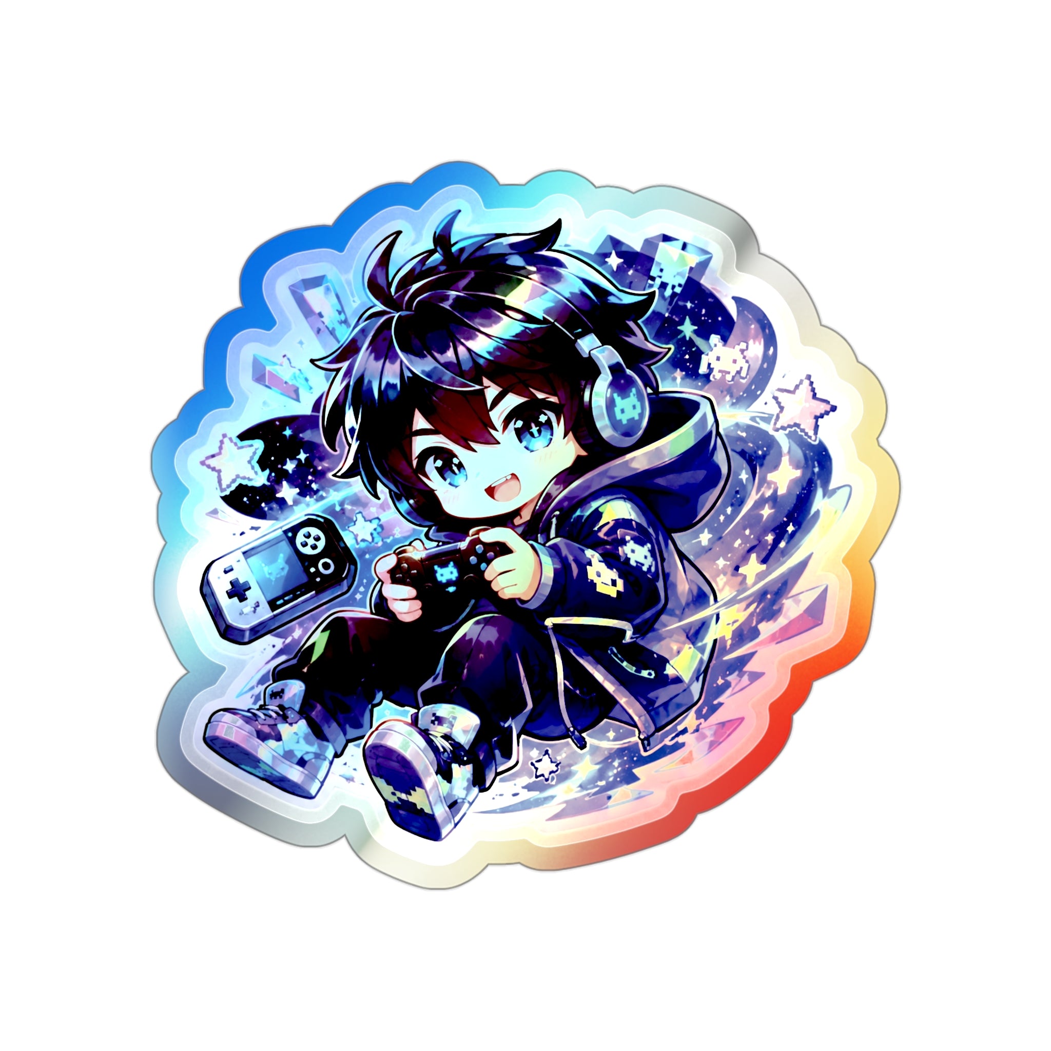 Holographic Gamer Boy Sticker, Neon Chibi Gaming Vinyl Decal, Cute Level Up Arcade Sticker, Kawaii Laptop Gamer Gift