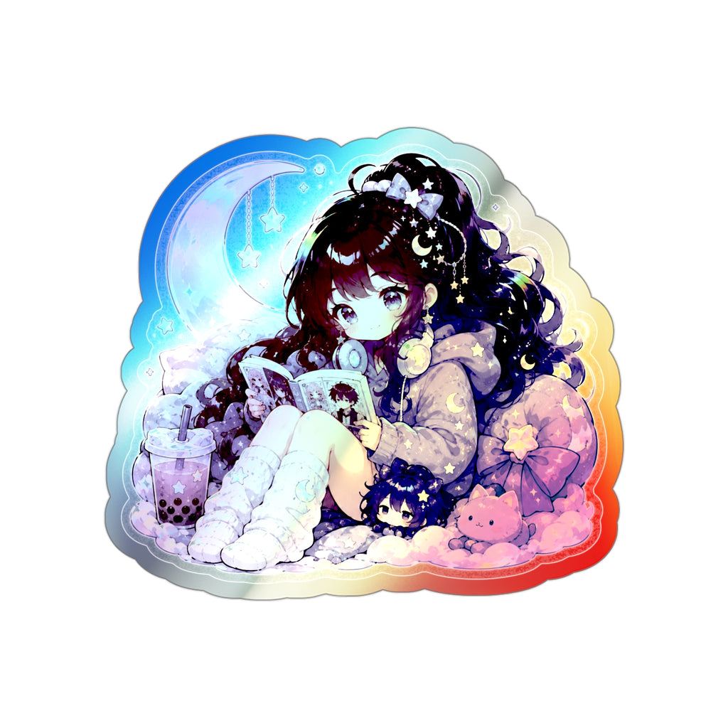 Holographic Anime Girl Sticker, Cozy Manga Reader Chibi Vinyl Decal, Cute Kawaii Moon Sticker, Laptop Journal Gift