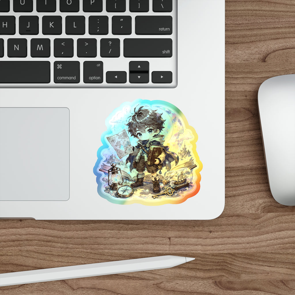 Holographic Book Boy Sticker, Adventure Reader Chibi Vinyl Decal, Cute Fantasy Map Sticker, Bookish Laptop Kindle Gift