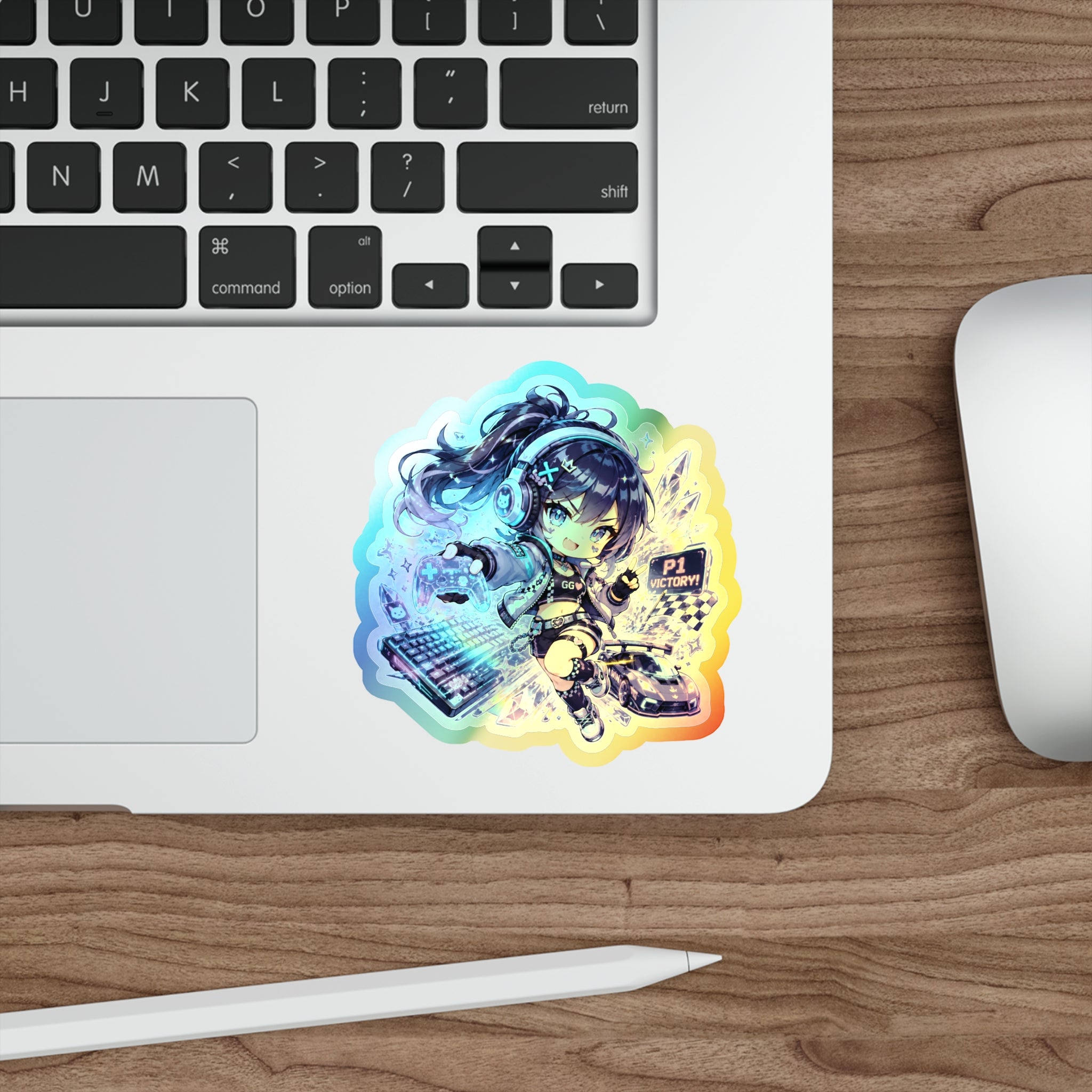 Holographic Gamer Girl Sticker, Neon Chibi Gaming Vinyl Decal, Cute Arcade Victory Sticker, Kawaii Laptop Journal Gamer Gift