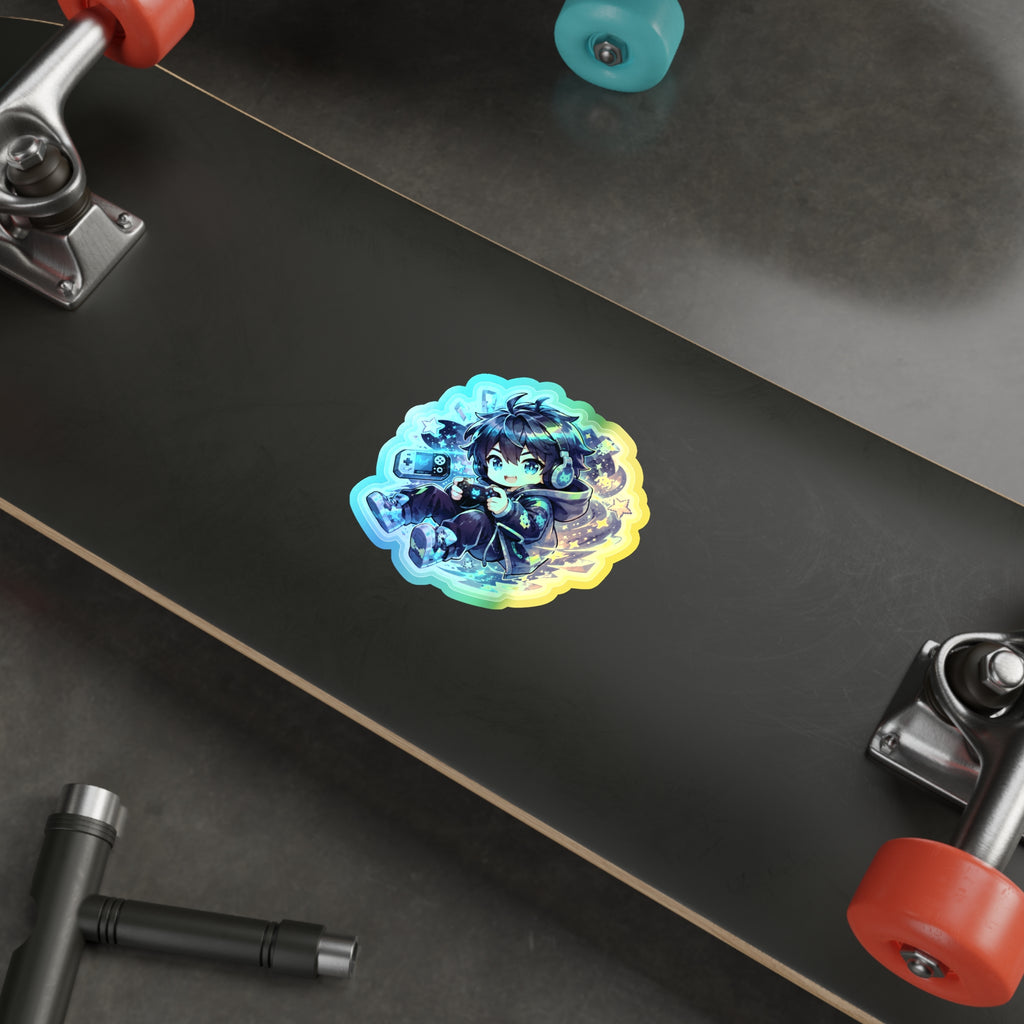 Holographic Gamer Boy Sticker, Neon Chibi Gaming Vinyl Decal, Cute Level Up Arcade Sticker, Kawaii Laptop Gamer Gift