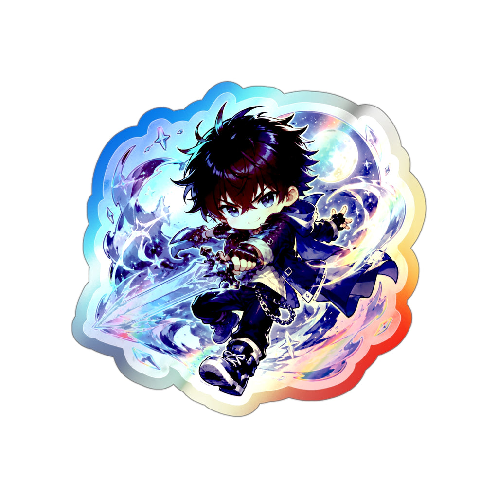 Holographic Anime Boy Sticker, Moonblade Chibi Vinyl Decal, Cute Kawaii Fantasy Anime Style Laptop Journal Gift