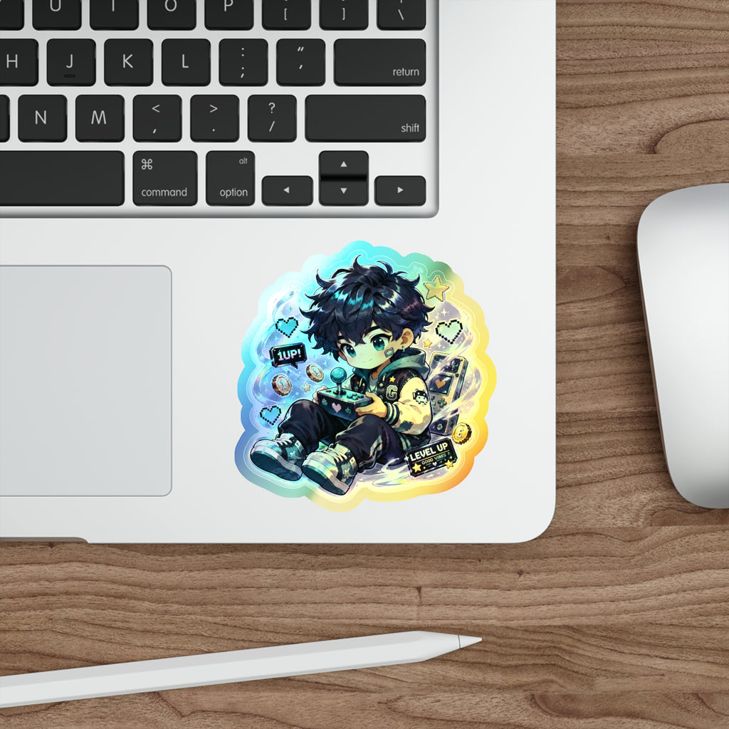 Holographic Gamer Boy Sticker, Cozy Gaming Chibi Vinyl Decal, Cute Retro Arcade Sticker, Kawaii Laptop Journal Gamer Gift