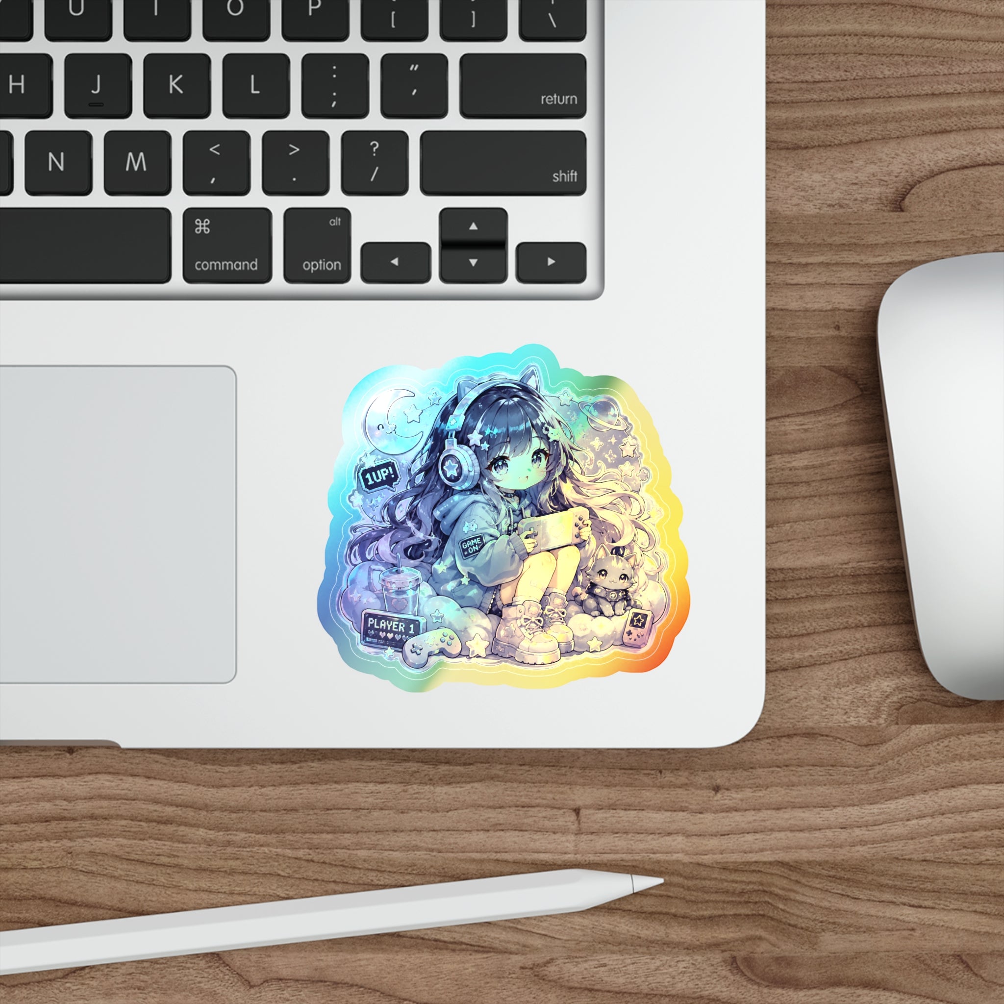 Holographic Gamer Girl Sticker, Cozy Gaming Chibi Vinyl Decal, Cute Anime Style Sticker, Kawaii Laptop Journal Gamer Gift