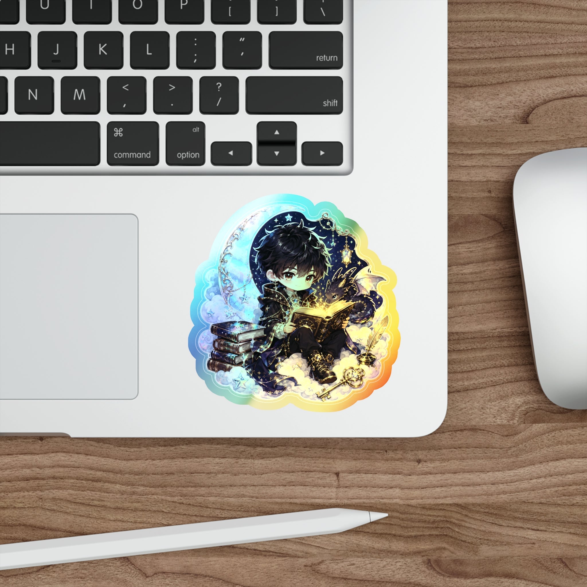 Holographic Book Boy Sticker, Magical Reader Chibi Vinyl Decal, Cute Fantasy Bookish Sticker, Dragon Laptop Journal Gift