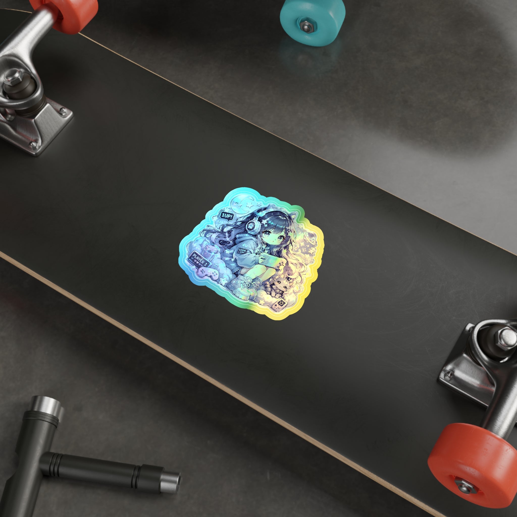 Holographic Gamer Girl Sticker, Cozy Gaming Chibi Vinyl Decal, Cute Anime Style Sticker, Kawaii Laptop Journal Gamer Gift