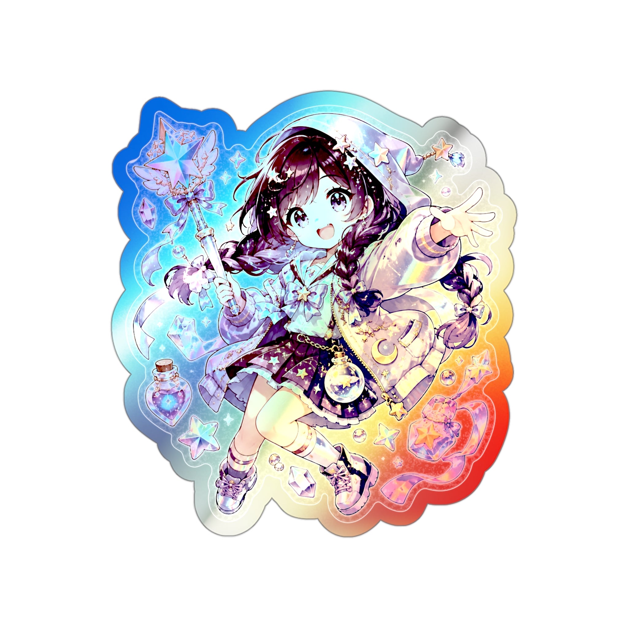 Holographic Anime Girl Sticker, Magical Chibi Vinyl Decal, Cute Kawaii Star Wand Sticker, Moon Laptop Journal Gift