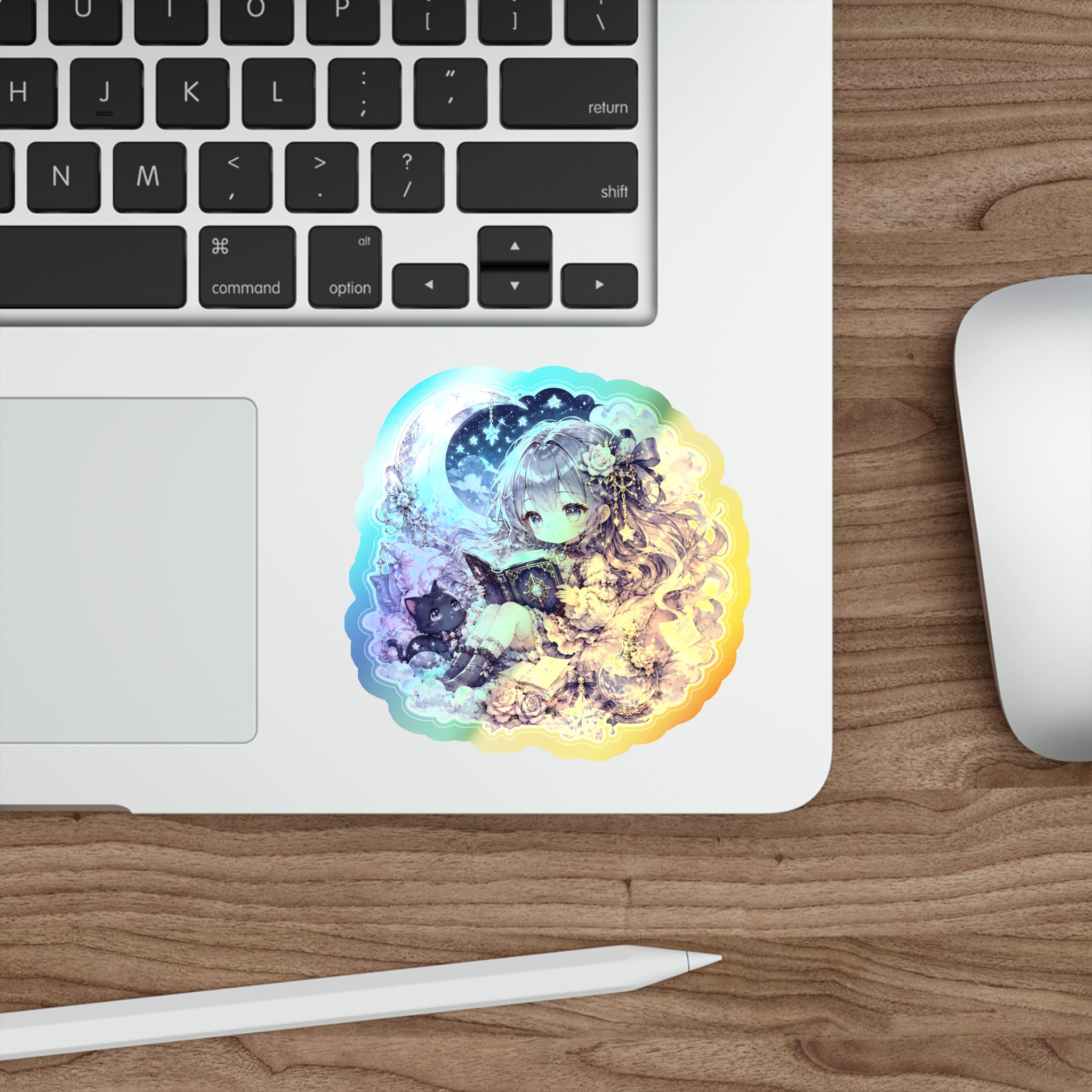 Holographic Book Girl Sticker, Cozy Fantasy Reader Chibi Vinyl Decal, Cute Moon Bookish Sticker, Kawaii Laptop Kindle Gift