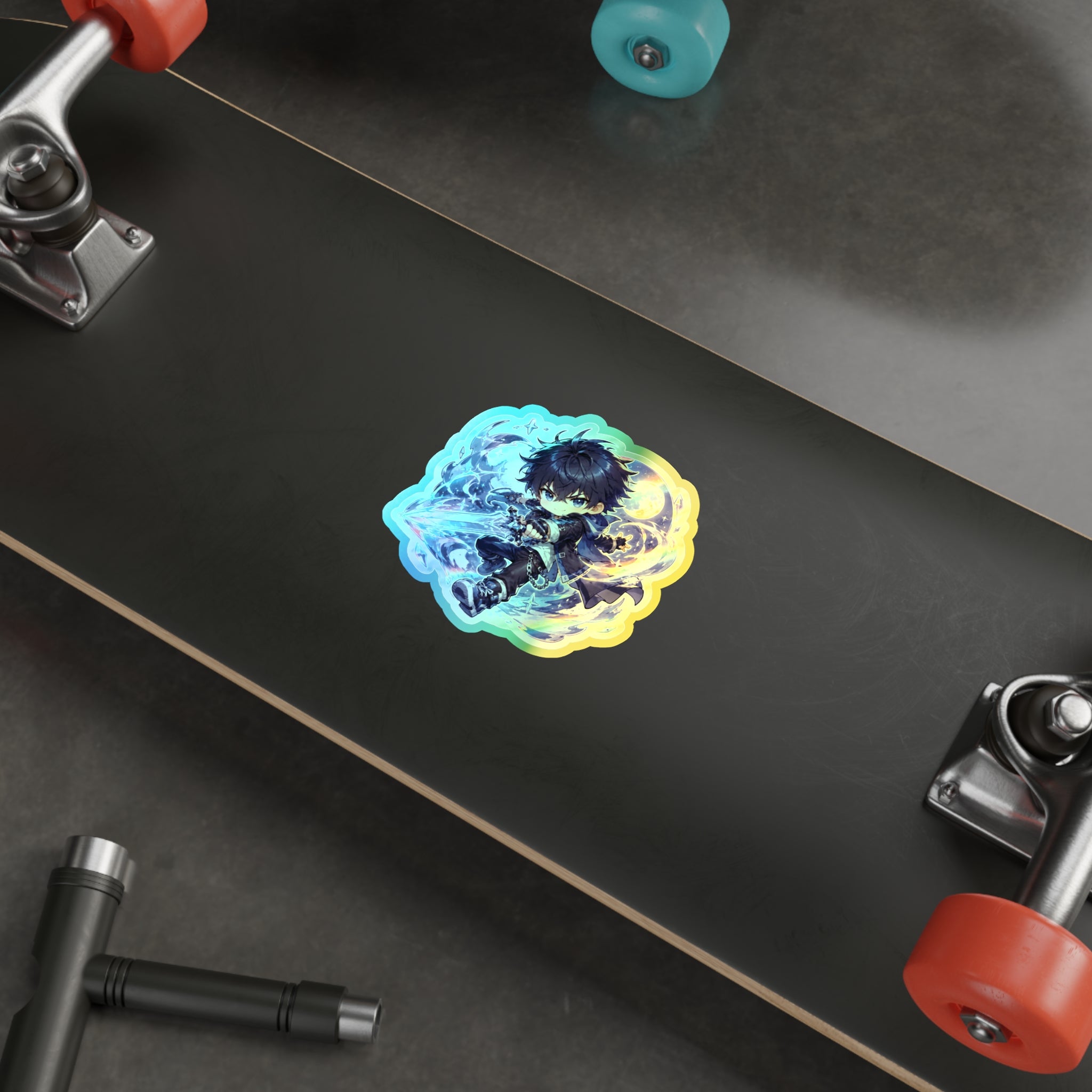 Holographic Anime Boy Sticker, Moonblade Chibi Vinyl Decal, Cute Kawaii Fantasy Anime Style Laptop Journal Gift