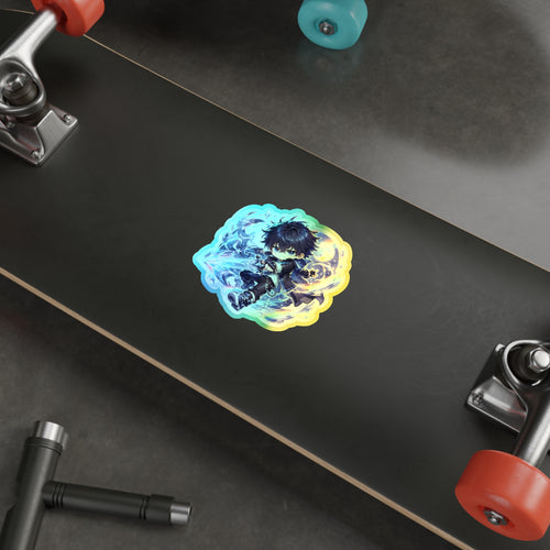 Holographic Anime Boy Sticker, Moonblade Chibi Vinyl Decal, Cute Kawaii Fantasy Anime Style Laptop Journal Gift
