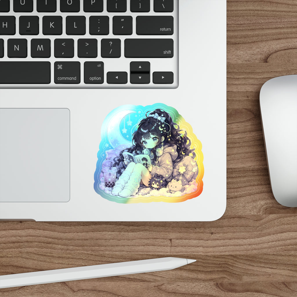 Holographic Anime Girl Sticker, Cozy Manga Reader Chibi Vinyl Decal, Cute Kawaii Moon Sticker, Laptop Journal Gift