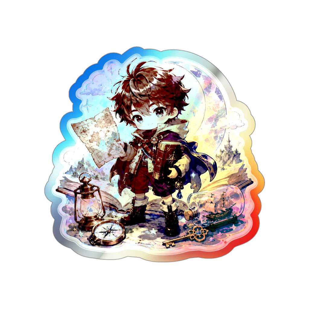 Holographic Book Boy Sticker, Adventure Reader Chibi Vinyl Decal, Cute Fantasy Map Sticker, Bookish Laptop Kindle Gift