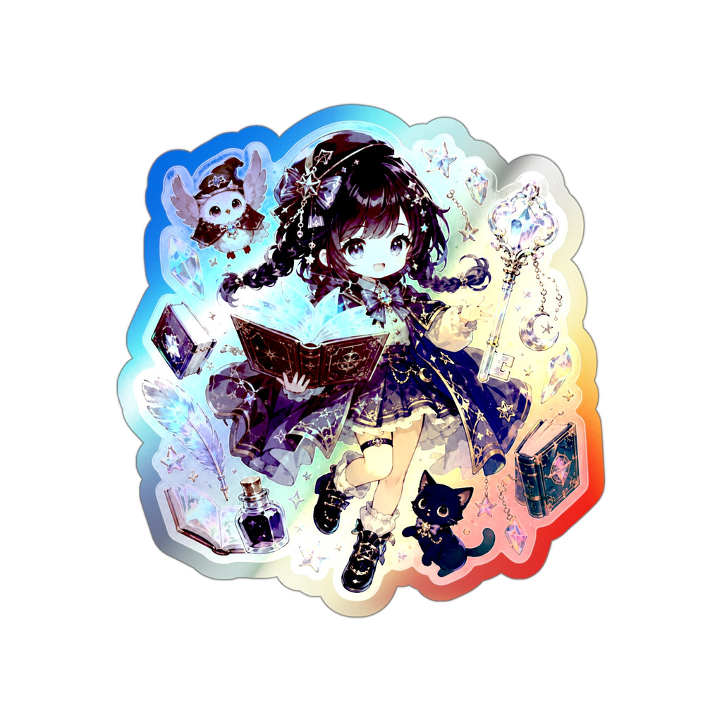 Holographic Book Girl Sticker, Magical Reader Chibi Vinyl Decal, Cute Fantasy Bookish Sticker, Kawaii Laptop Journal Gift