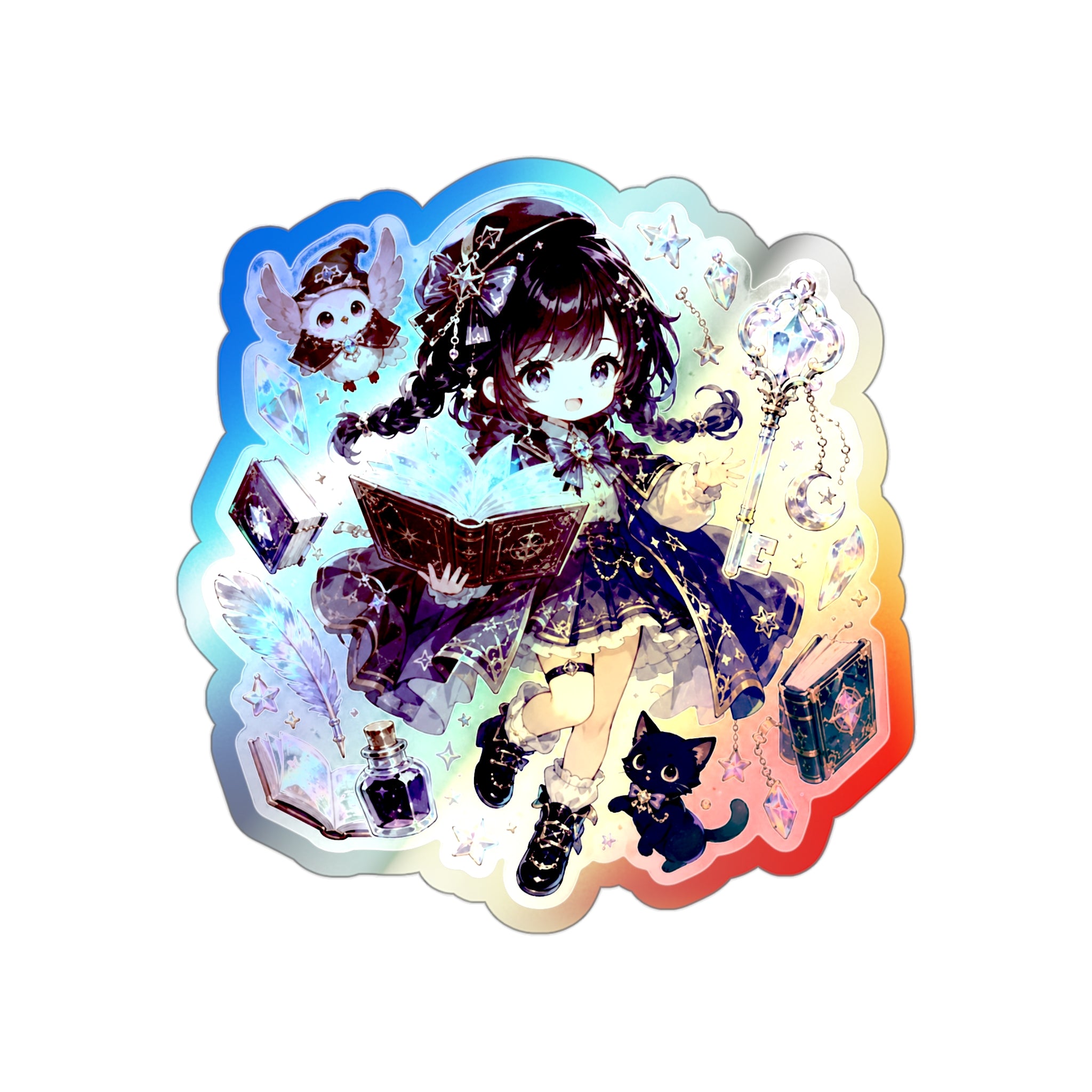 Holographic Book Girl Sticker, Magical Reader Chibi Vinyl Decal, Cute Fantasy Bookish Sticker, Kawaii Laptop Journal Gift