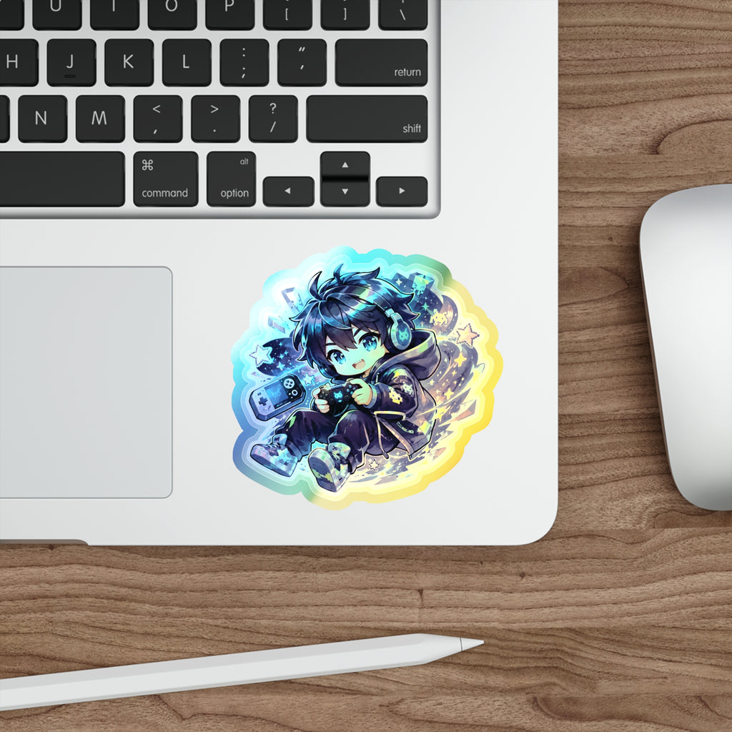 Holographic Gamer Boy Sticker, Neon Chibi Gaming Vinyl Decal, Cute Level Up Arcade Sticker, Kawaii Laptop Gamer Gift