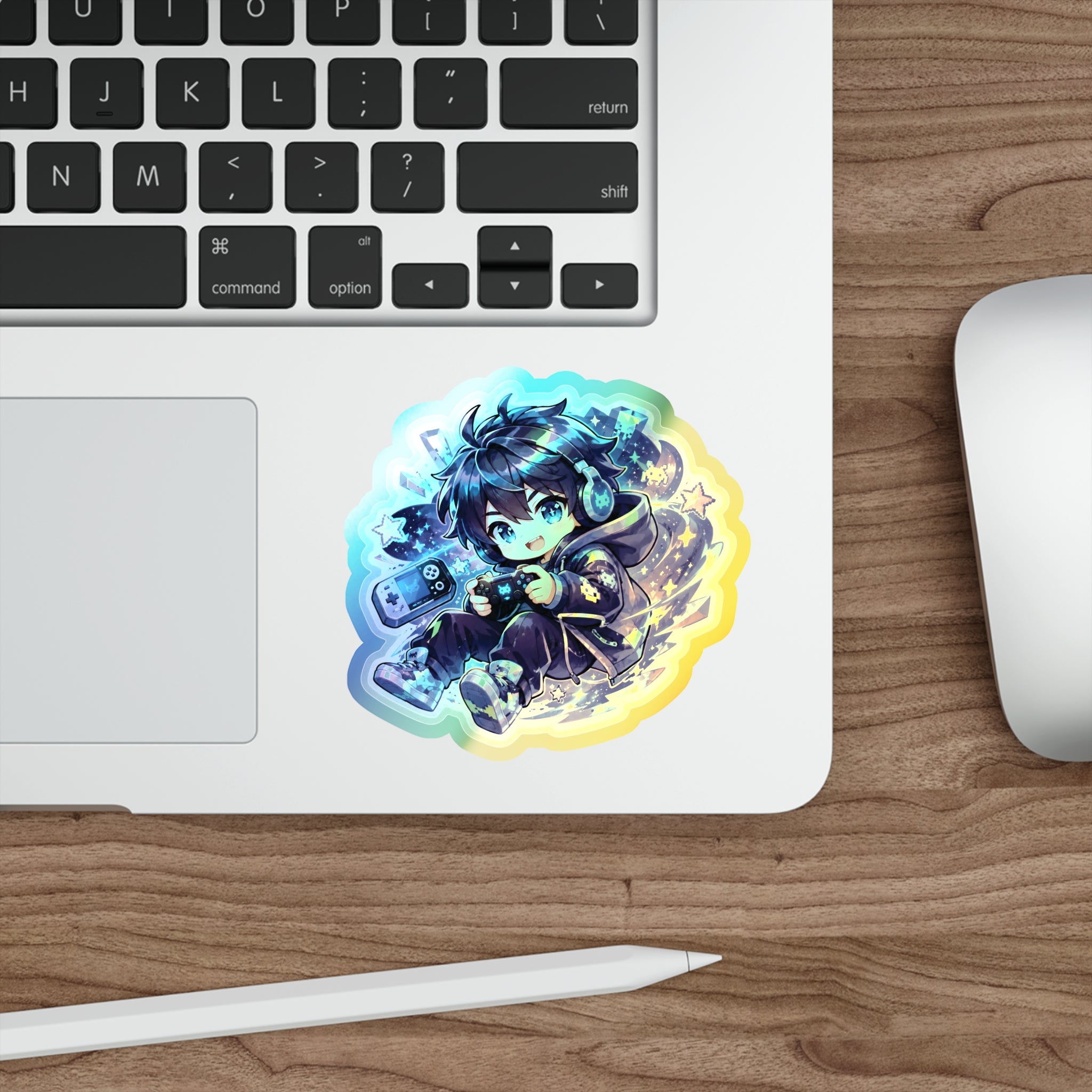 Holographic Gamer Boy Sticker, Neon Chibi Gaming Vinyl Decal, Cute Level Up Arcade Sticker, Kawaii Laptop Gamer Gift