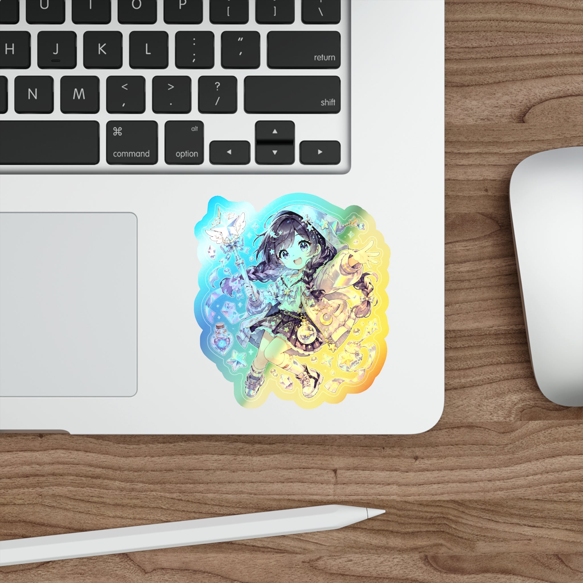 Holographic Anime Girl Sticker, Magical Chibi Vinyl Decal, Cute Kawaii Star Wand Sticker, Moon Laptop Journal Gift