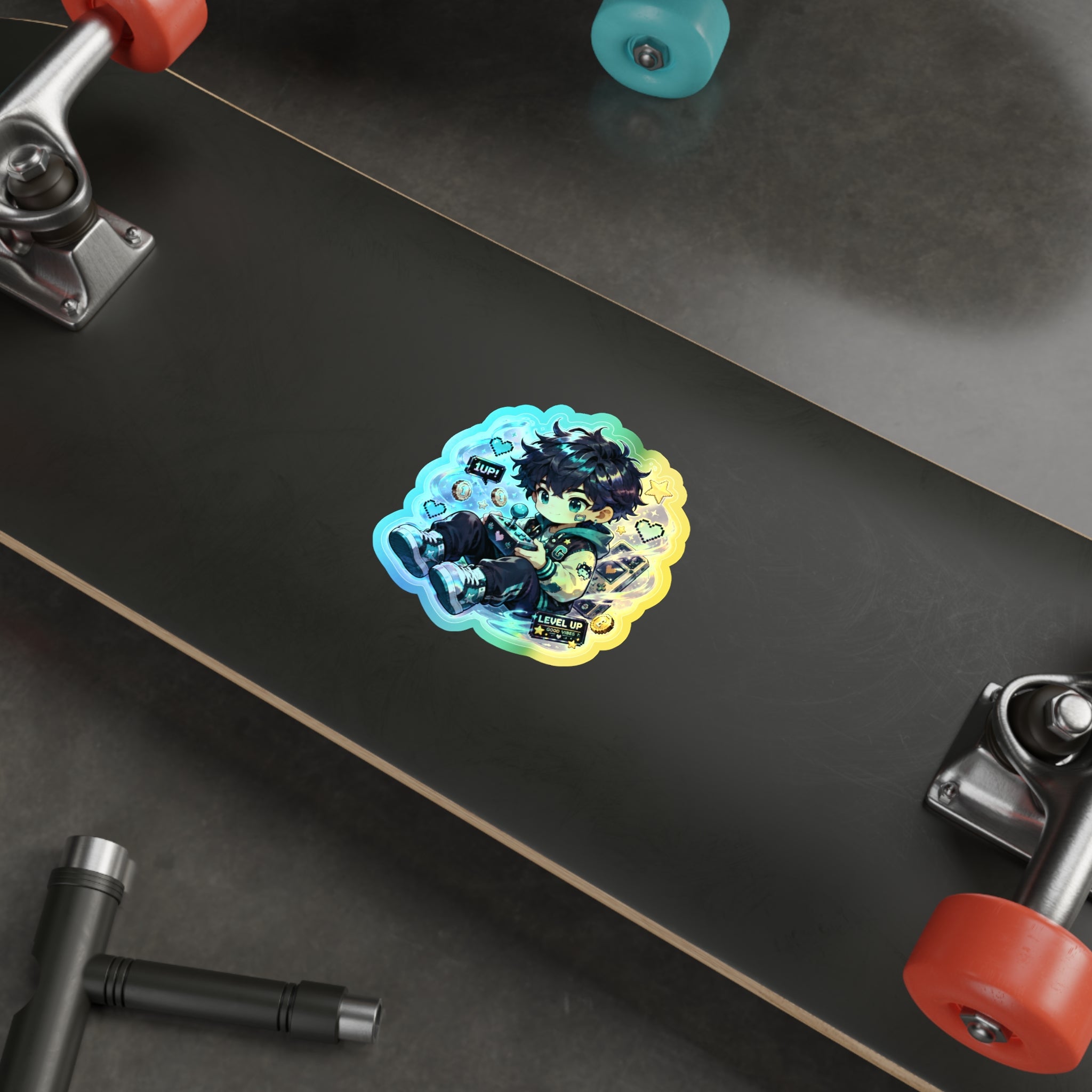 Holographic Gamer Boy Sticker, Cozy Gaming Chibi Vinyl Decal, Cute Retro Arcade Sticker, Kawaii Laptop Journal Gamer Gift