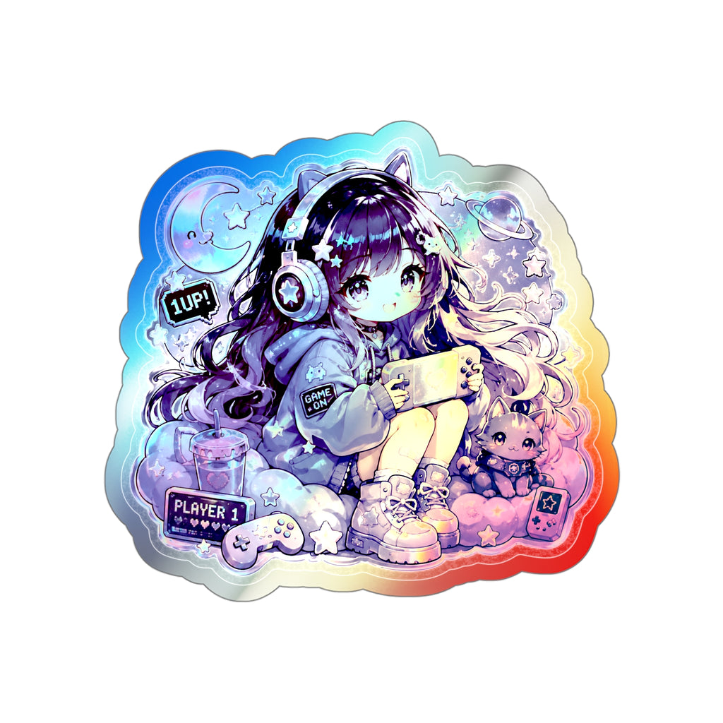 Holographic Gamer Girl Sticker, Cozy Gaming Chibi Vinyl Decal, Cute Anime Style Sticker, Kawaii Laptop Journal Gamer Gift