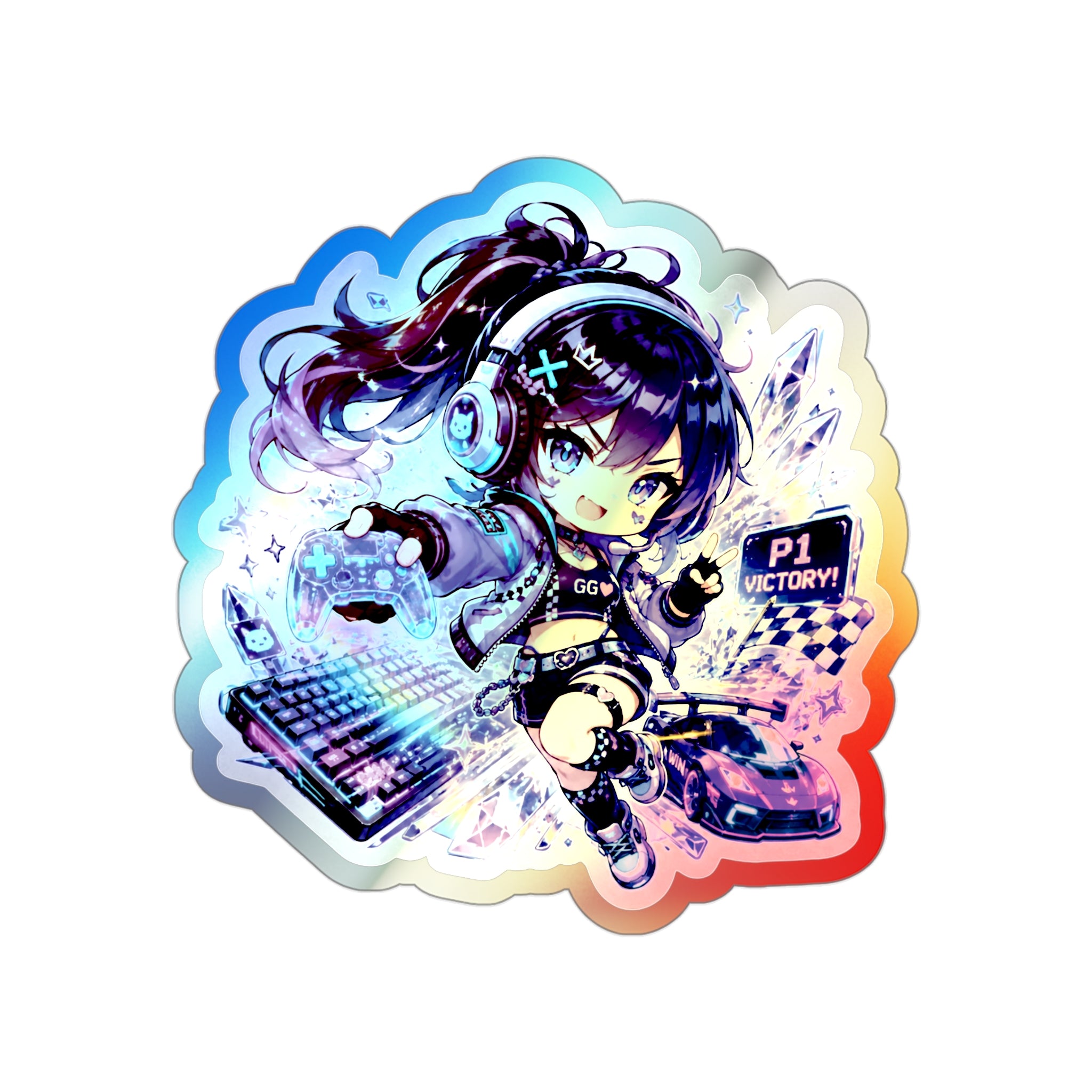 Holographic Gamer Girl Sticker, Neon Chibi Gaming Vinyl Decal, Cute Arcade Victory Sticker, Kawaii Laptop Journal Gamer Gift