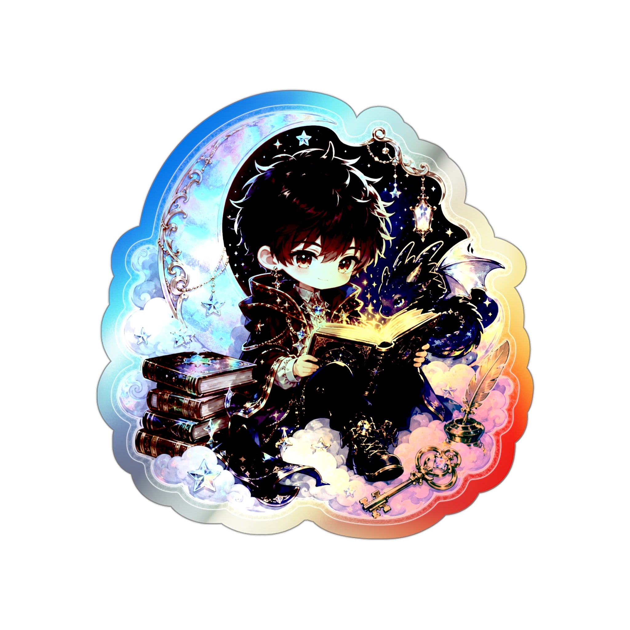 Holographic Book Boy Sticker, Magical Reader Chibi Vinyl Decal, Cute Fantasy Bookish Sticker, Dragon Laptop Journal Gift