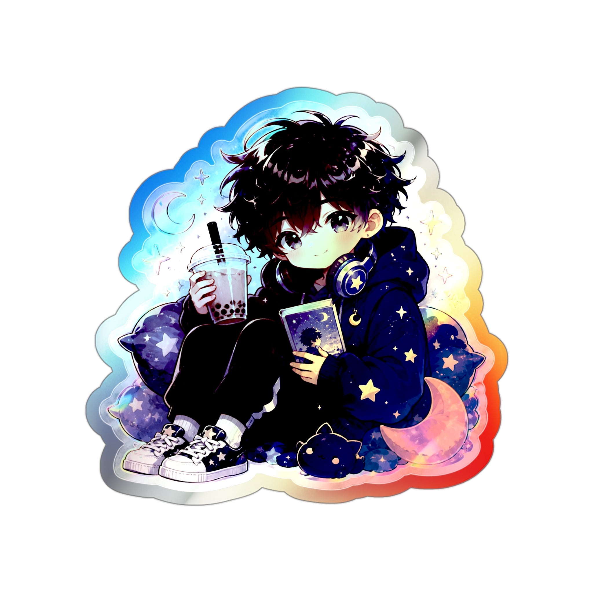 Holographic Anime Boy Sticker, Cozy Manga Reader Chibi Vinyl Decal, Cute Kawaii Moon Sticker, Laptop Journal Gift