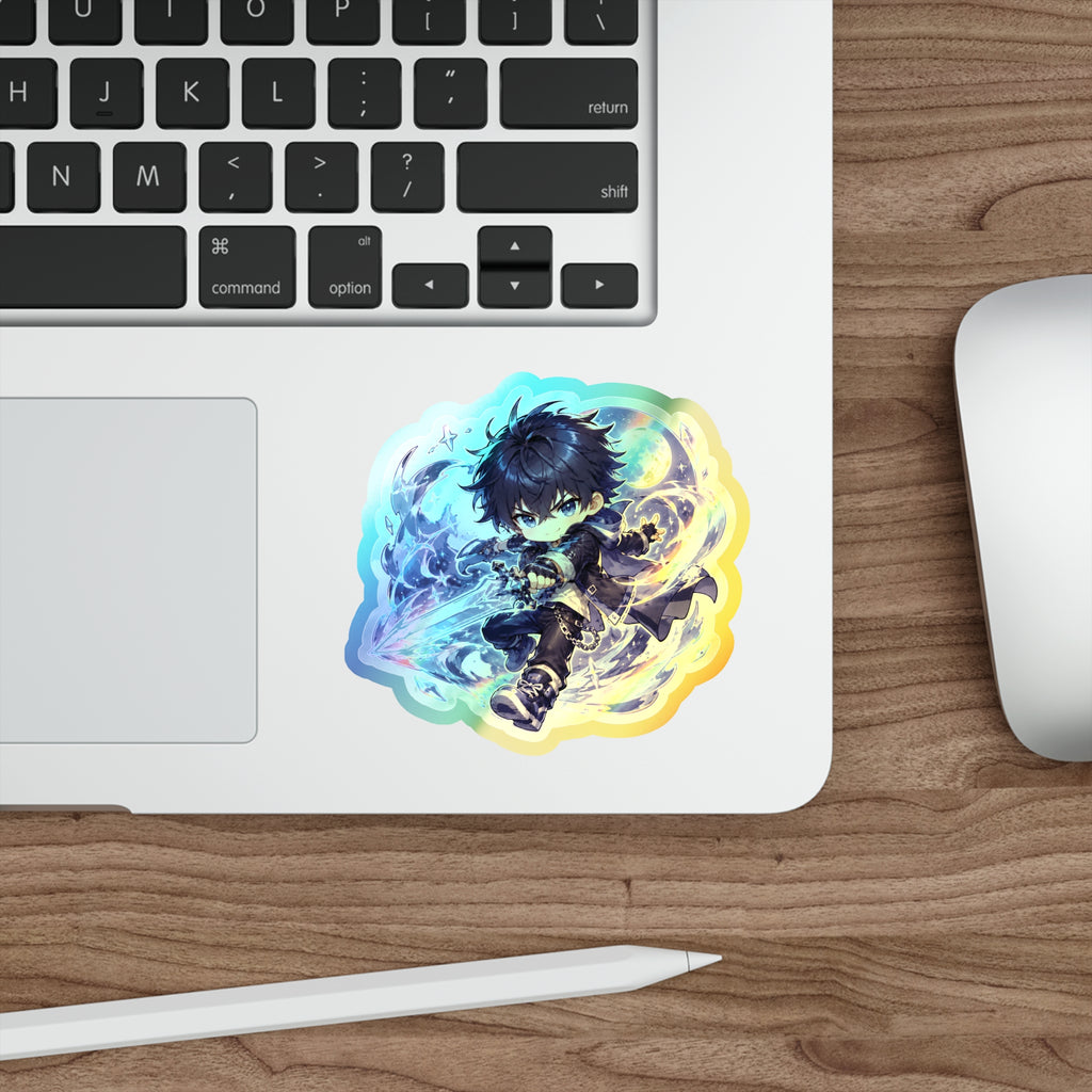 Holographic Anime Boy Sticker, Moonblade Chibi Vinyl Decal, Cute Kawaii Fantasy Anime Style Laptop Journal Gift