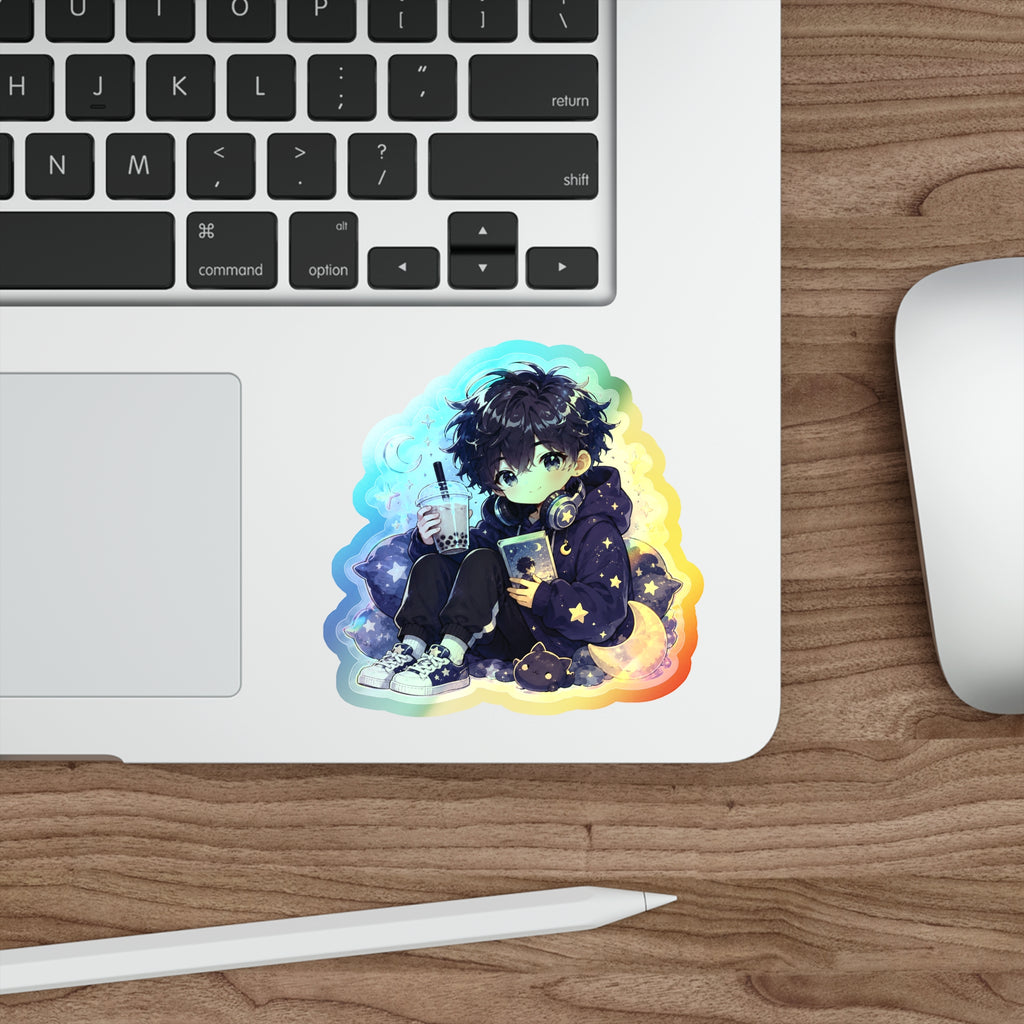 Holographic Anime Boy Sticker, Cozy Manga Reader Chibi Vinyl Decal, Cute Kawaii Moon Sticker, Laptop Journal Gift